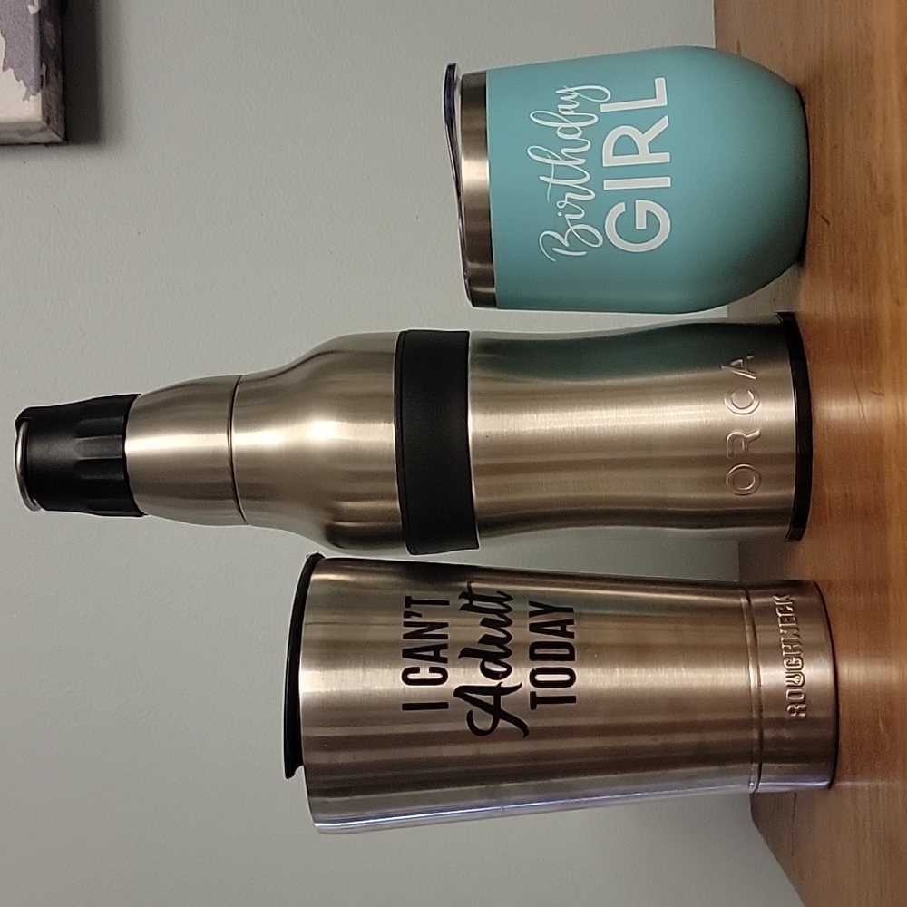 Assorted mugs, coozie, tumbler